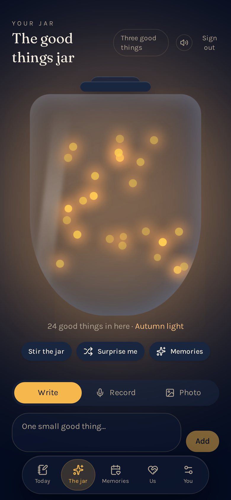 The jar screen: a glass jar glowing with two dozen small lights, one for each good thing kept